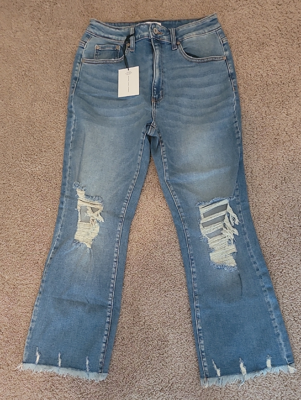 Zenana Signature Distressed Blue Cropped Flare Jeans With Distressed Knees